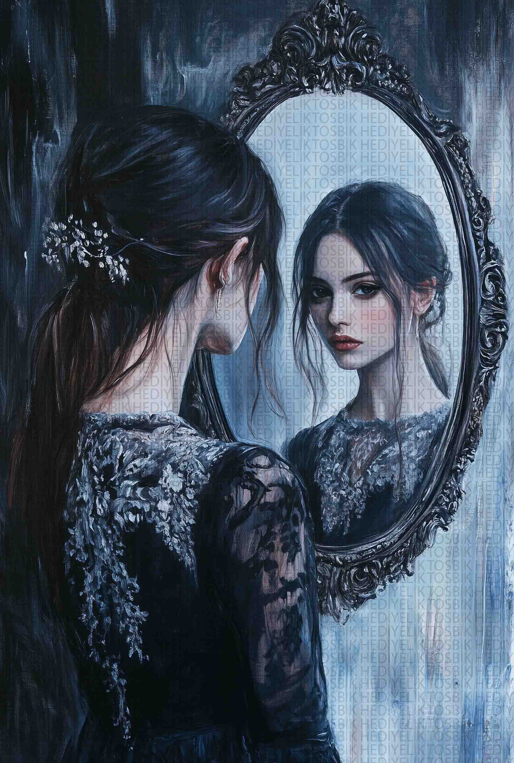 Aynadaki Yansıma – Gotik Stil Kadın Portresi Ahşap Tablo