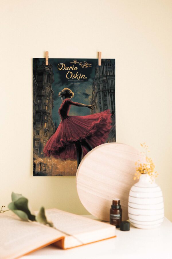 Balerin Kız – Kırmızı Elbiseli Şehir Işıkları Temalı Ahşap Poster