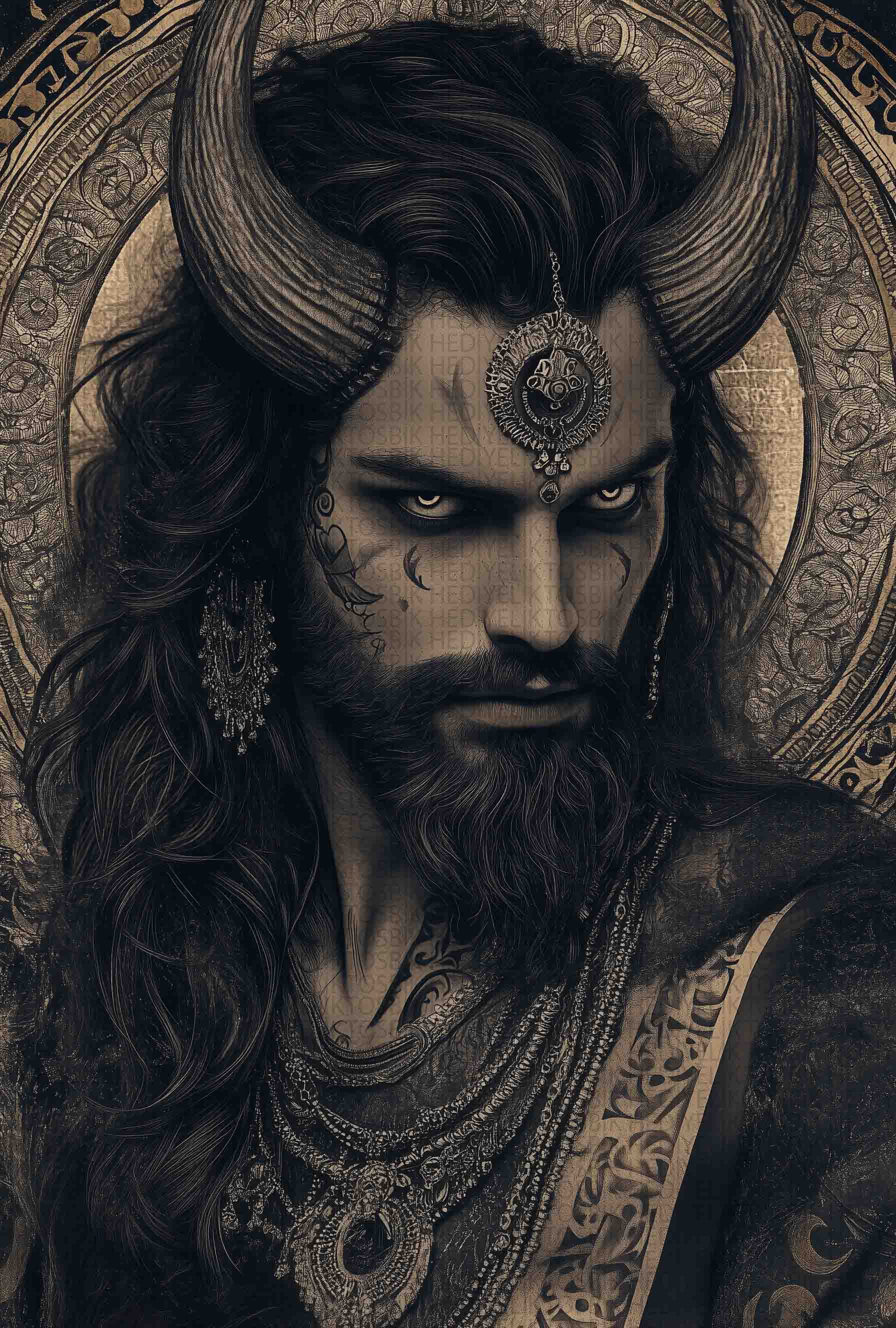 Mistik Boynuzlu Savaşçı – Gotik Mitoloji Temalı Ahşap Poster