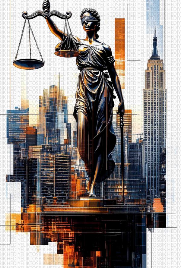 Adalet Heykeli Şehir Silüeti – Modern Tarzda Ahşap Poster
