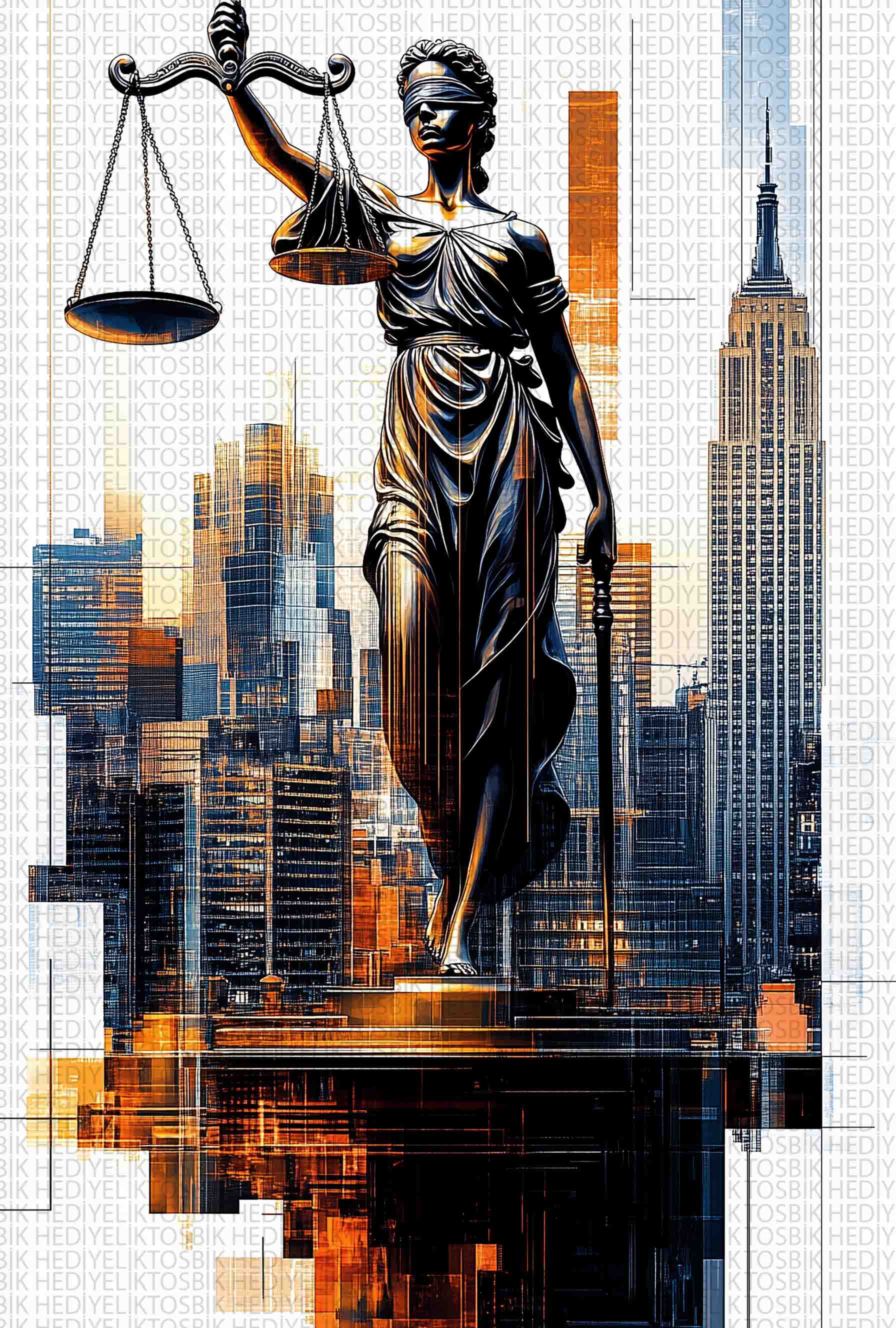Adalet Heykeli Şehir Silüeti – Modern Tarzda Ahşap Poster