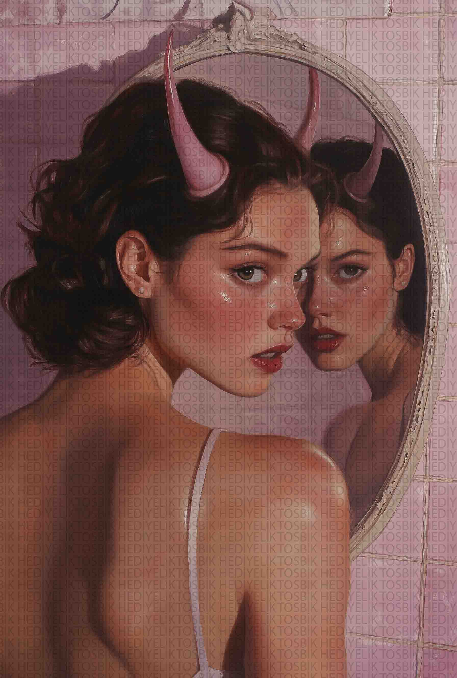 Şeytani Yansıma – Pembe Tonlarda Fantastik Portre Ahşap Poster