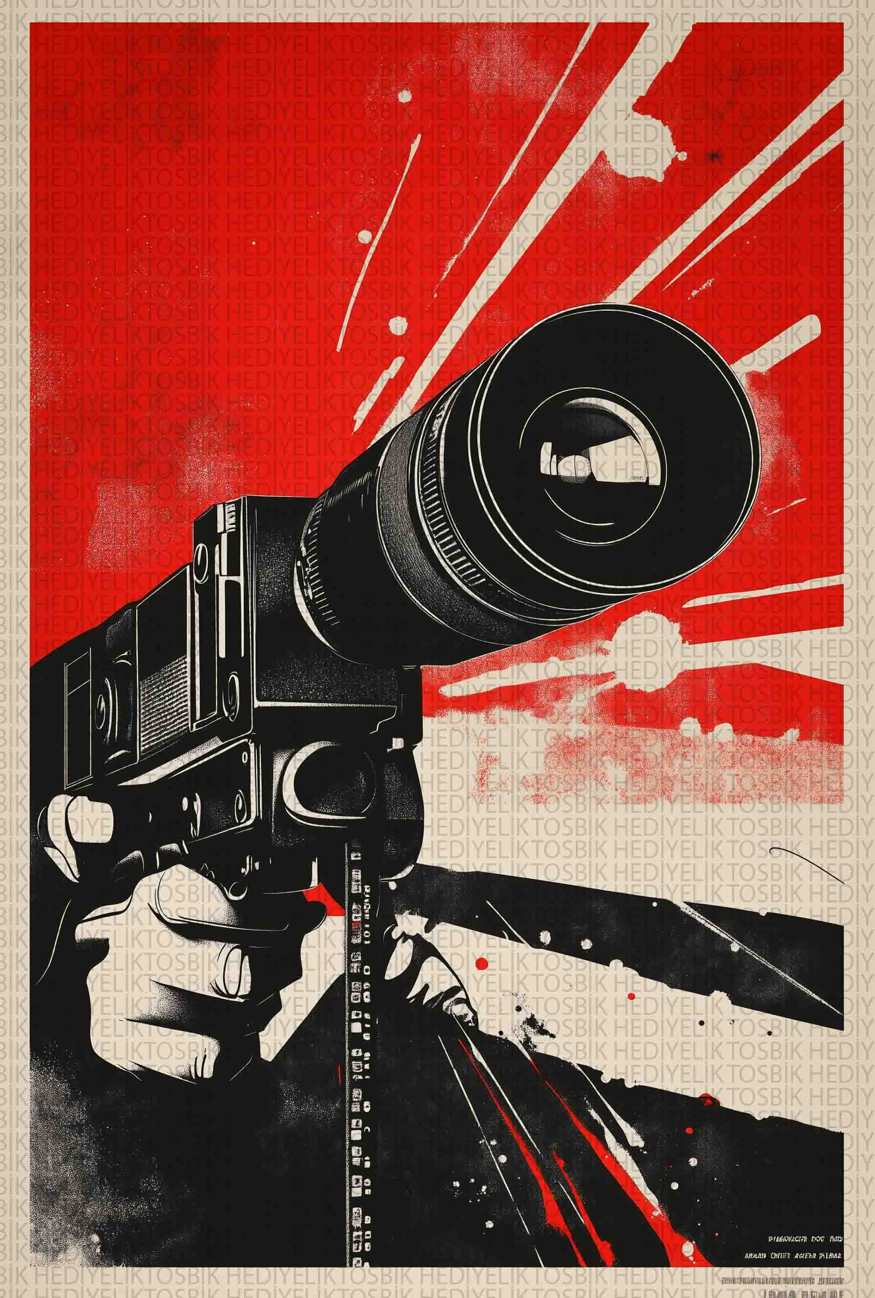 Kırmızı Objektif – Retro Stil Fotoğraf Makinesi İllüstrasyonlu Poster
