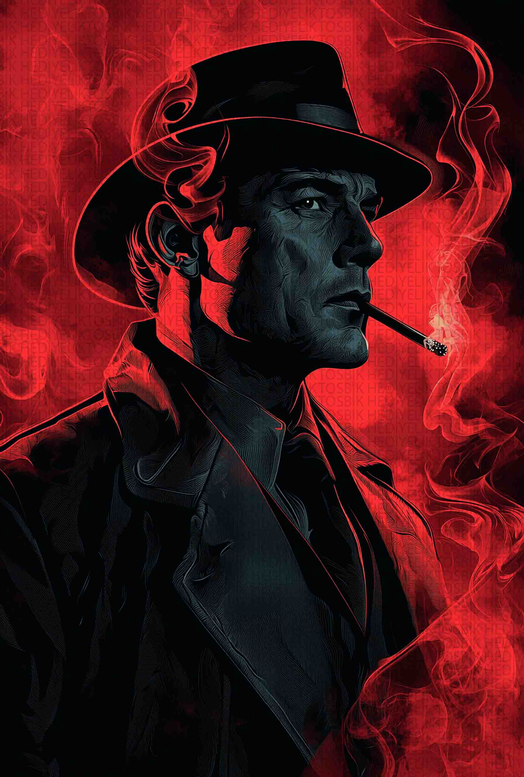 Kırmızı Dumanlar Arasında Dedektif – Noir Stil Erkek Portresi Poster