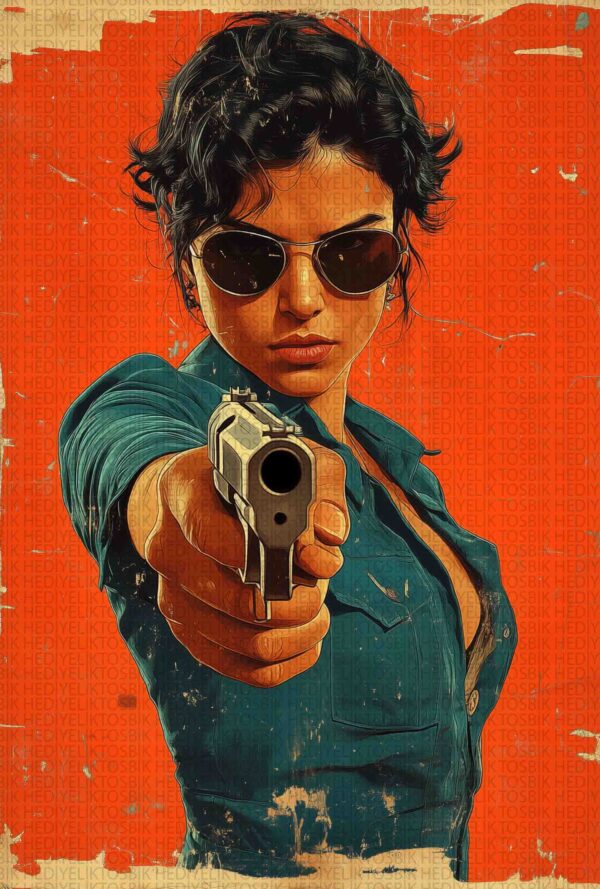 Kadın Ajan – Retro Aksiyon Stilinde Güçlü Kadın Portresi Ahşap Poster