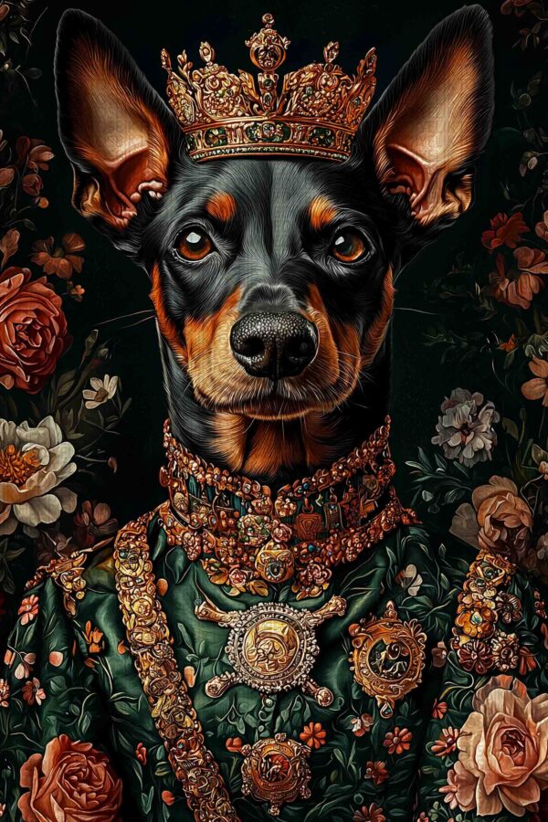 Kraliyet Köpeği – Çiçekli ve Taçlı Komik Hayvan Portresi Ahşap Poster