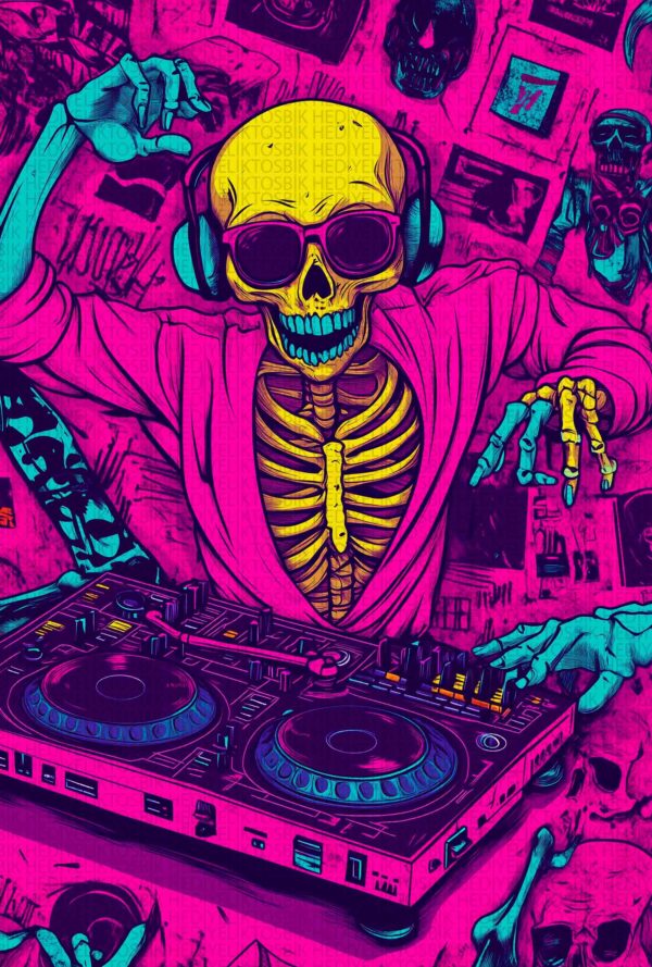 Neon DJ İskelet – Rave Tarzı Dekoratif Ahşap Poster