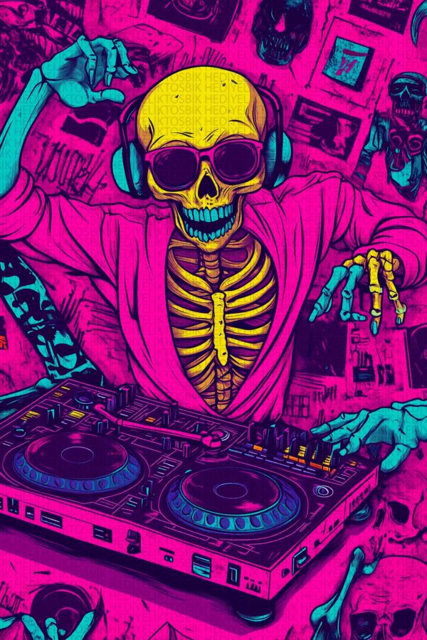 Neon DJ İskelet – Rave Tarzı Dekoratif Ahşap Poster