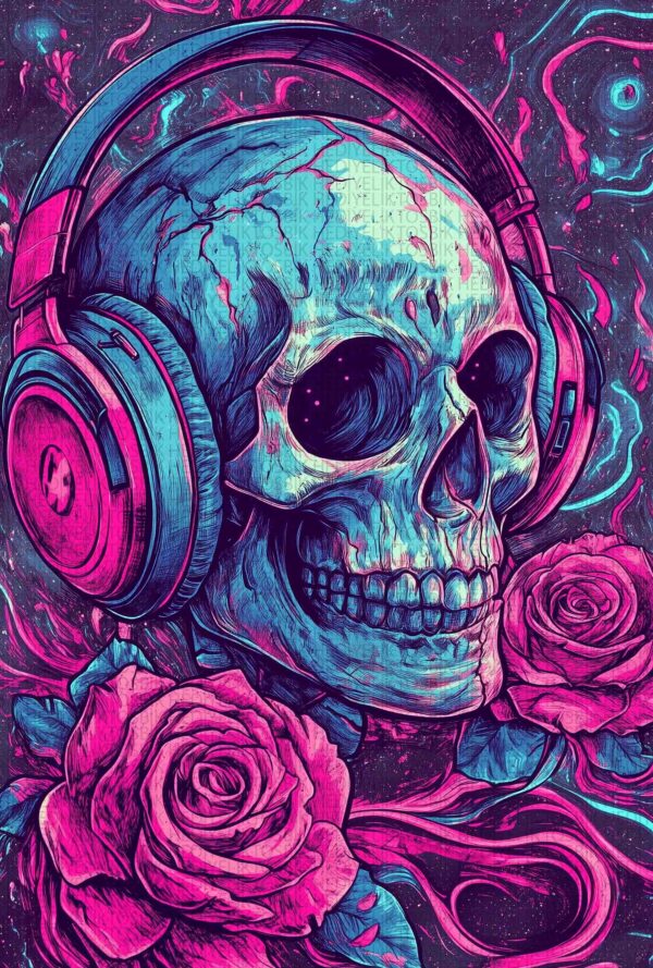 Neon Kafatası ve Güller – Alternatif Tarz Ahşap Poster