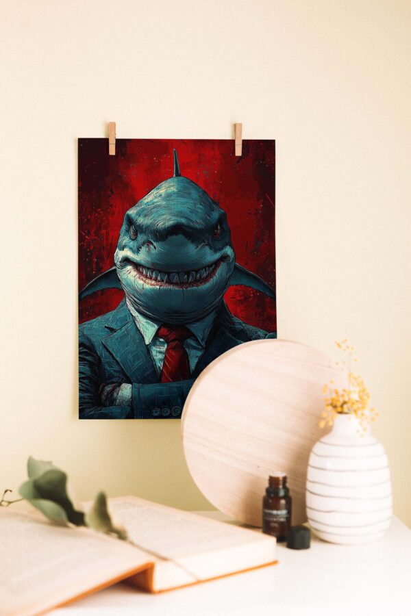 Kırmızı Arka Planlı Takım Elbiseli Köpekbalığı – Pop Art Ahşap Poster