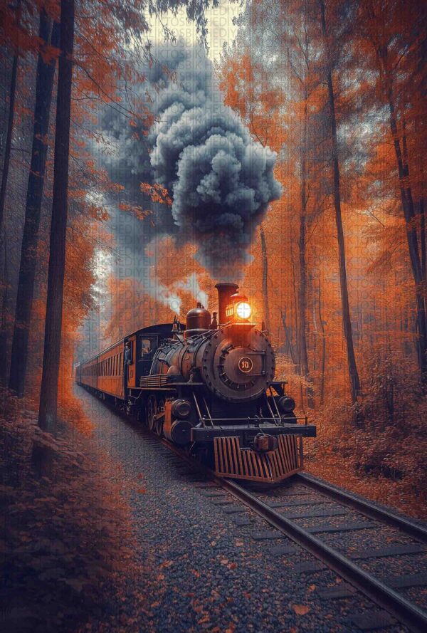 Sonbahar Ormanında Buharlı Tren – Vintage Tarz Ahşap Poster