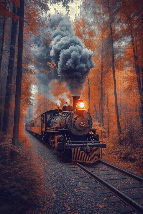 Sonbahar Ormanında Buharlı Tren – Vintage Tarz Ahşap Poster