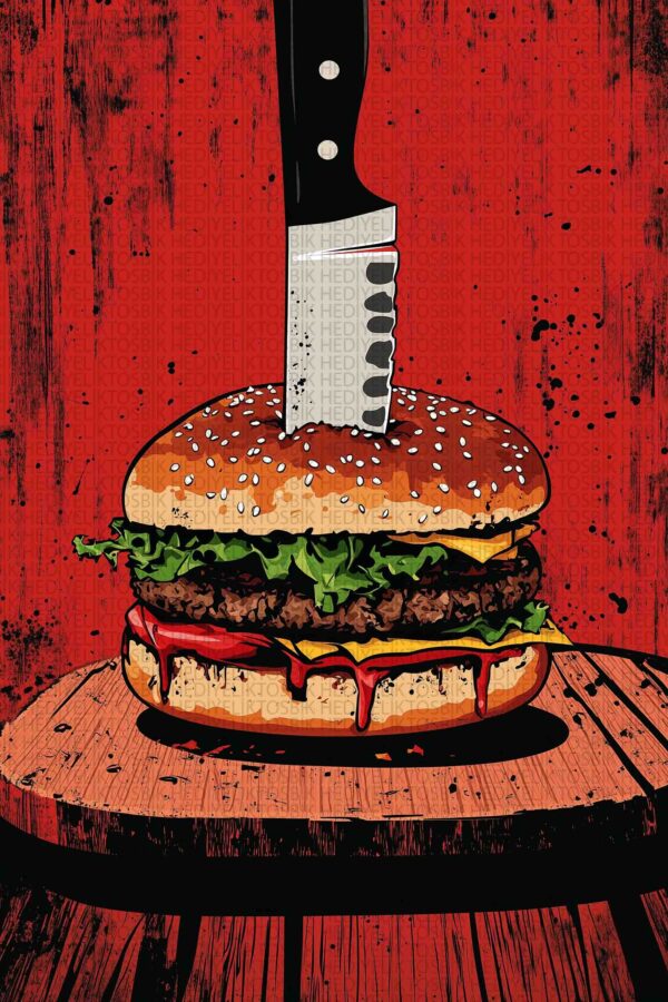 Retro Burger İllüstrasyonu Ahşap Poster