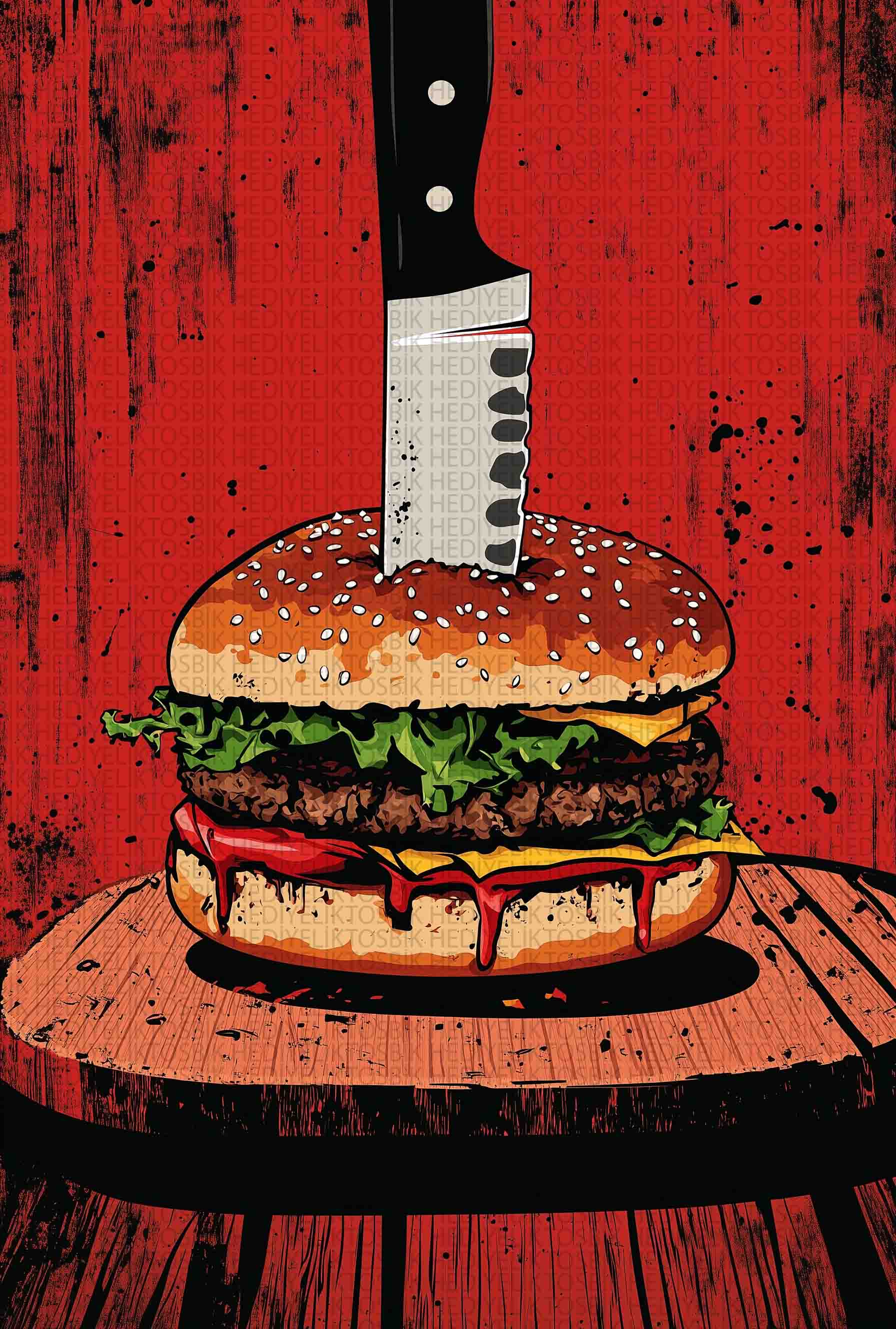 Retro Burger İllüstrasyonu Ahşap Poster