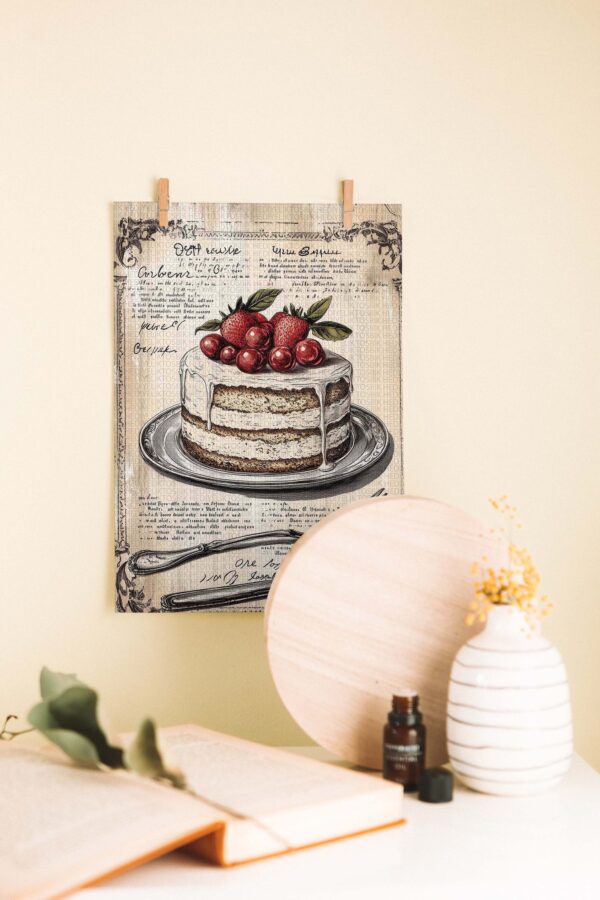 Vintage Çilekli Pasta İllüstrasyonu Ahşap Poster
