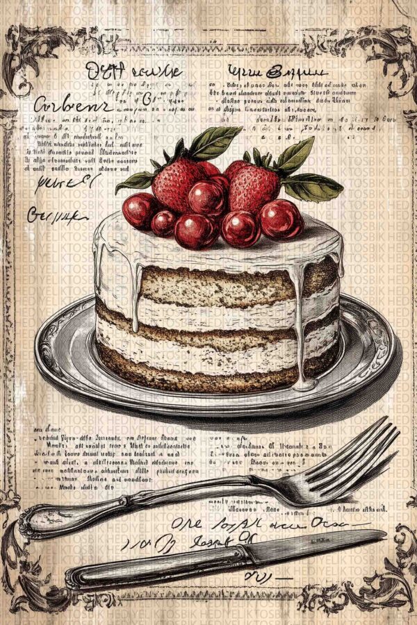 Vintage Çilekli Pasta İllüstrasyonu Ahşap Poster