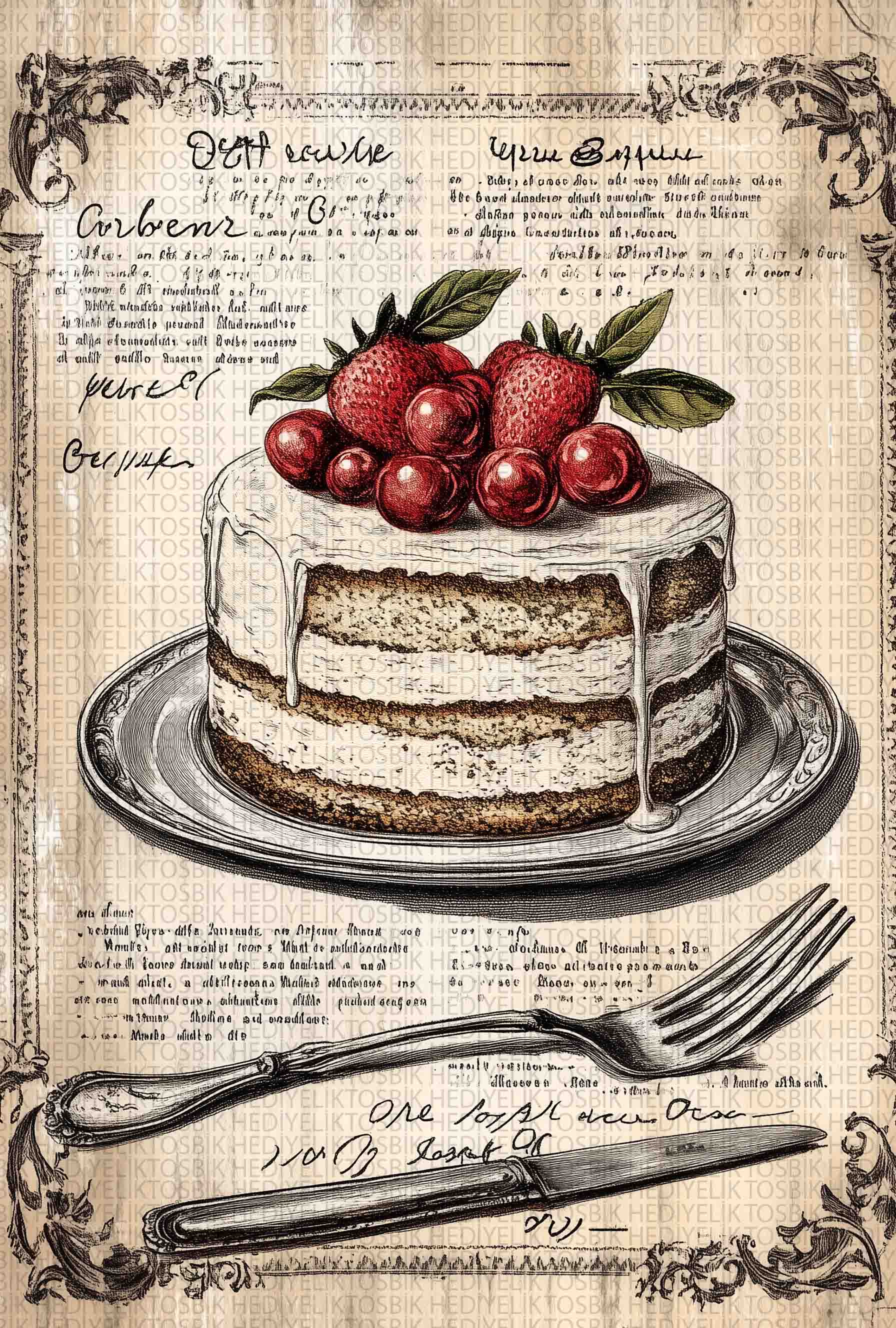 Vintage Çilekli Pasta İllüstrasyonu Ahşap Poster