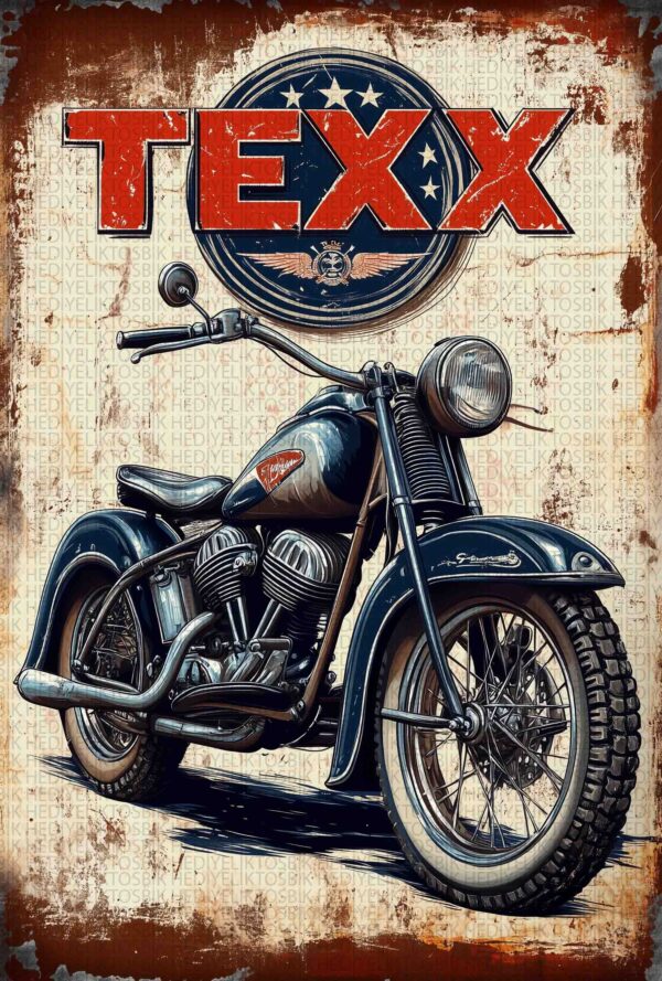 Retro Motosiklet ve Texx Logolu Ahşap Poster