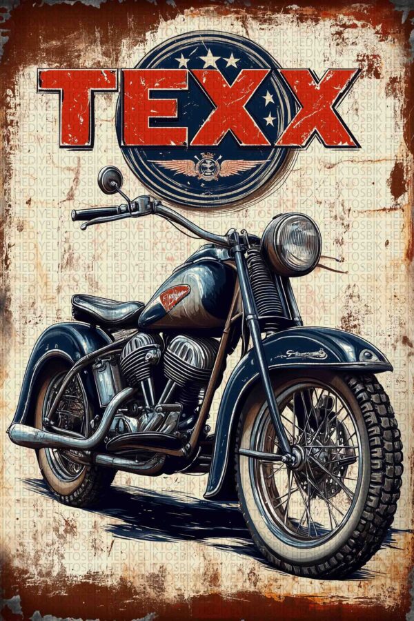 Retro Motosiklet ve Texx Logolu Ahşap Poster
