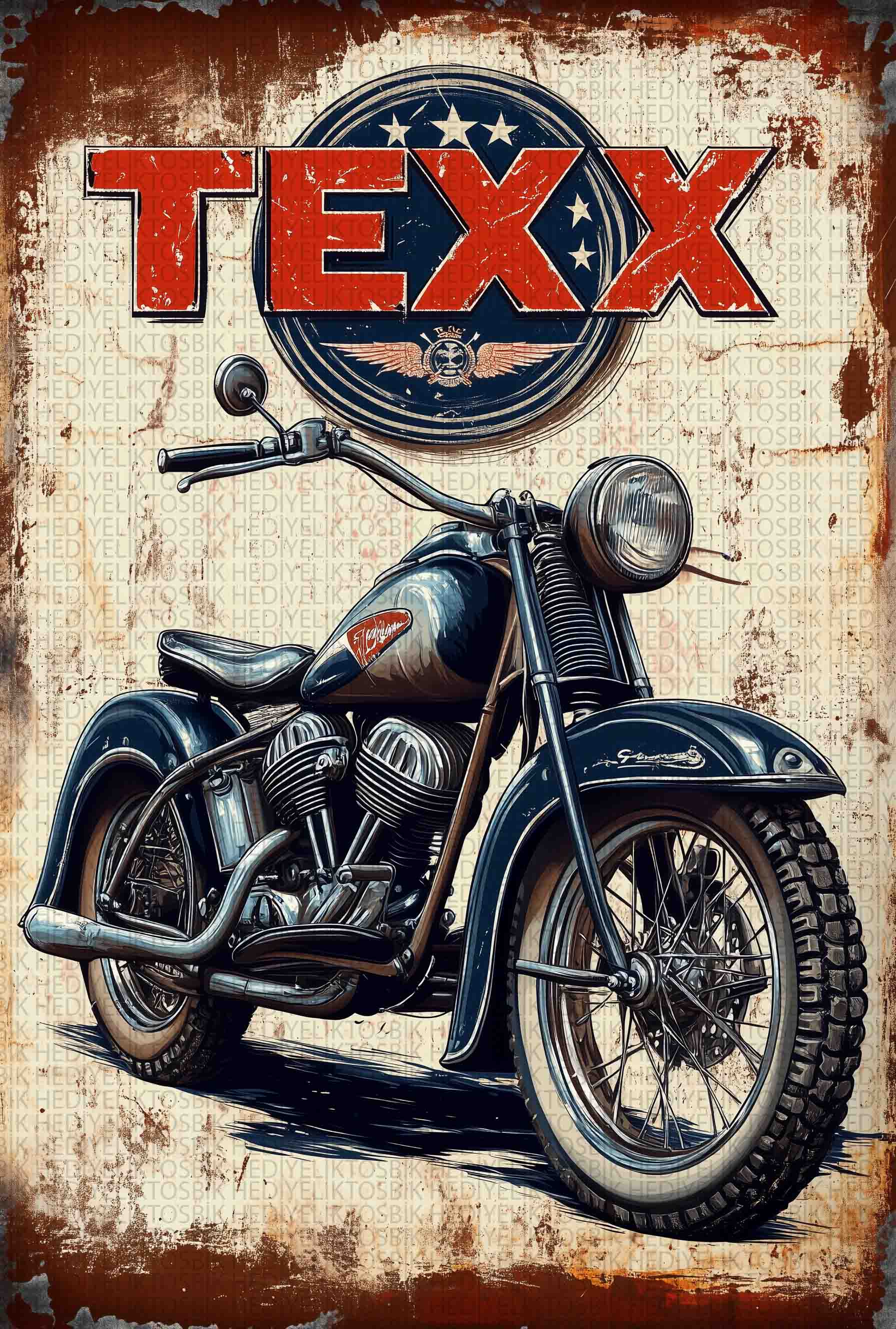 Retro Motosiklet ve Texx Logolu Ahşap Poster