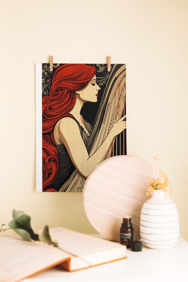 Art Nouveau Arp Çalan Kadın İllüstrasyonu Ahşap Poster