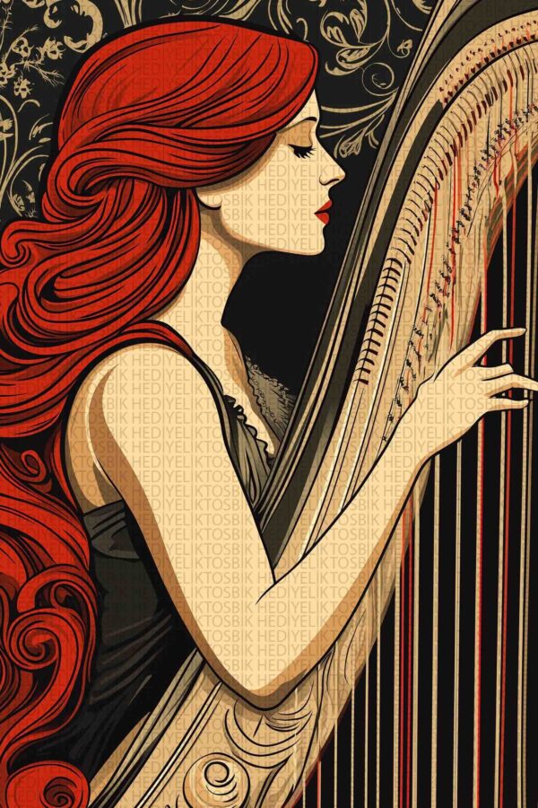 Art Nouveau Arp Çalan Kadın İllüstrasyonu Ahşap Poster