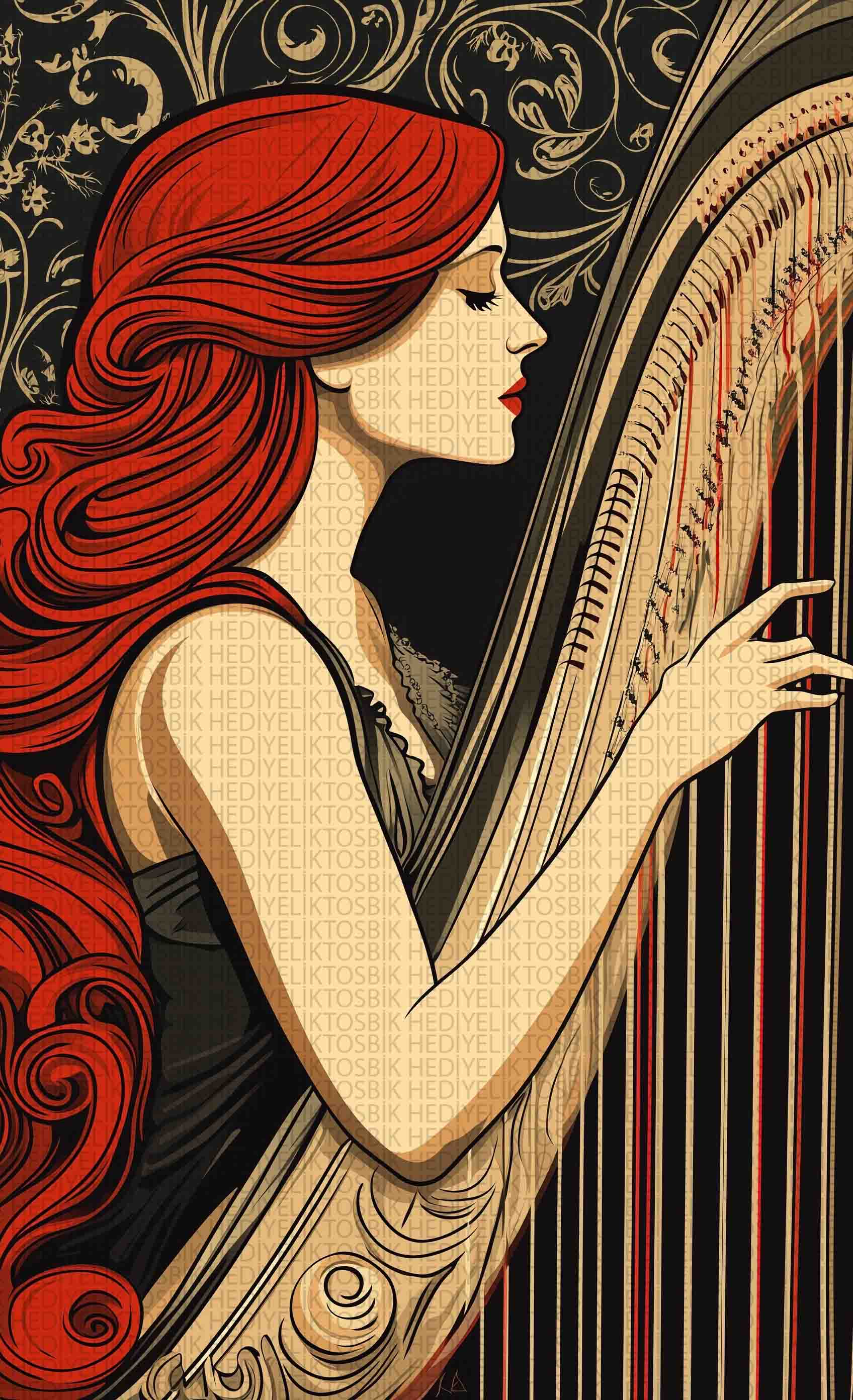 Art Nouveau Arp Çalan Kadın İllüstrasyonu Ahşap Poster