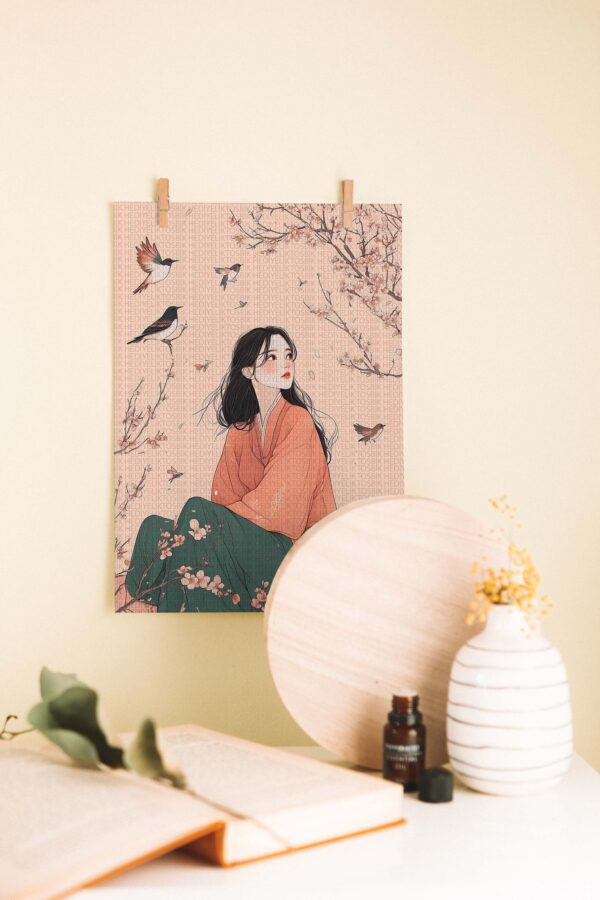 Japon Esintili Bahar İllüstrasyonu Ahşap Poster