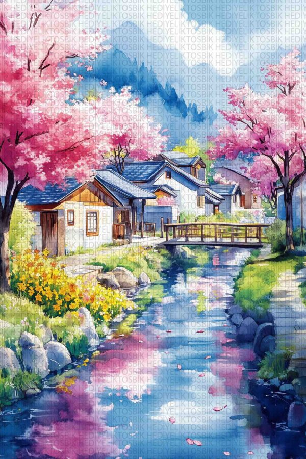 Sakura Bahçesi Manzaralı Ahşap Poster