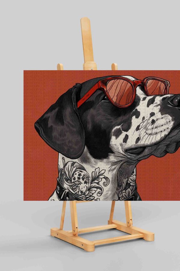 Kırmızı Gözlük ve Dövme Stili Köpek – Ahşap Poster Tasarımı