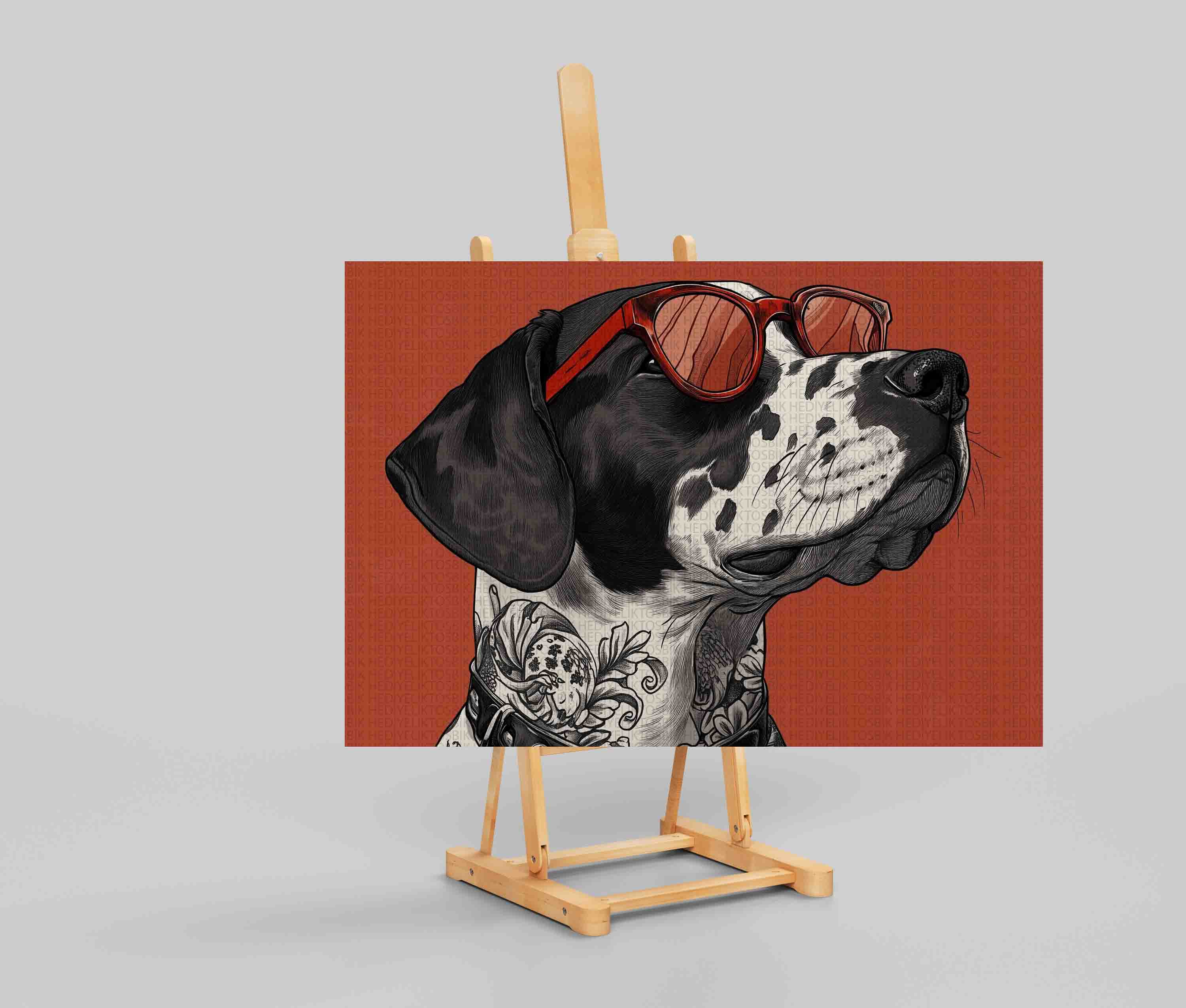Kırmızı Gözlük ve Dövme Stili Köpek – Ahşap Poster Tasarımı