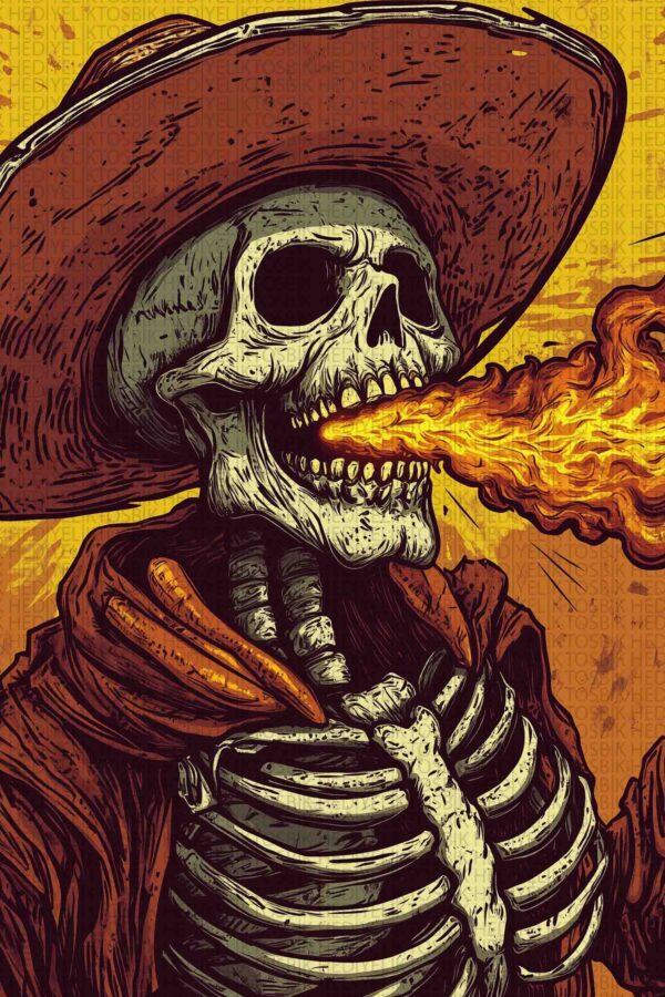 Flaming Skull – Retro Western Ahşap Poster