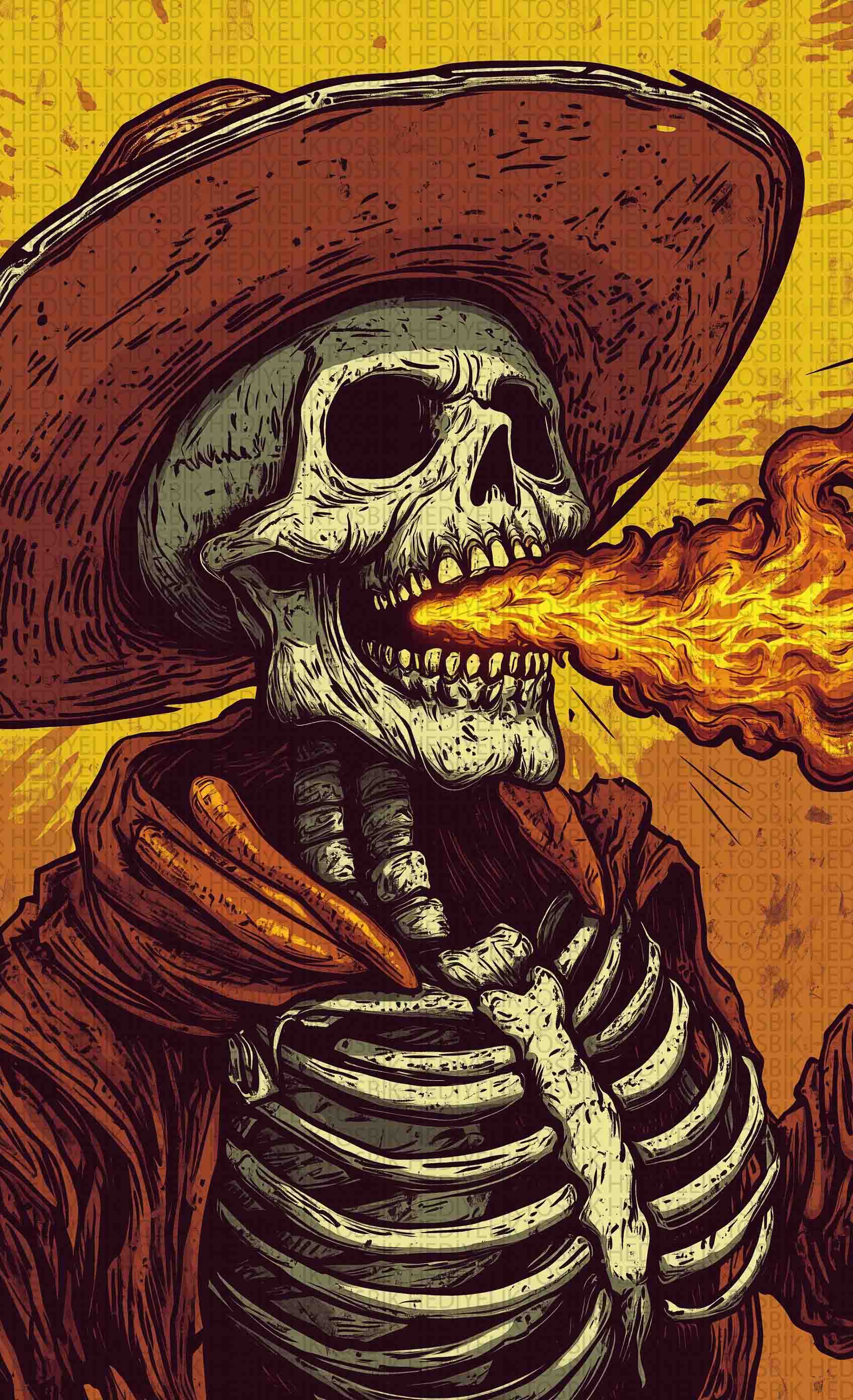 Flaming Skull – Retro Western Ahşap Poster