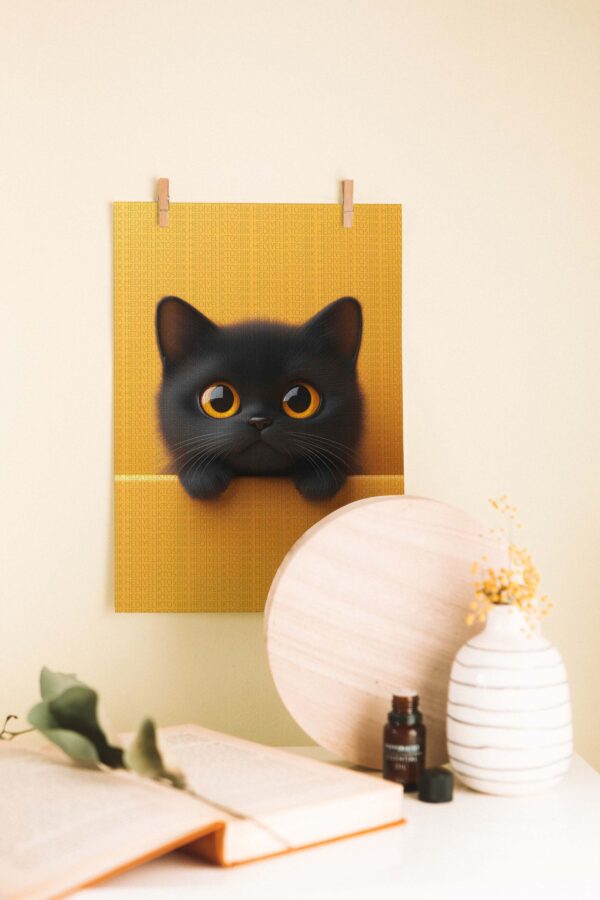 Tatlı Siyah Kedi – Minimalist Ahşap Poster