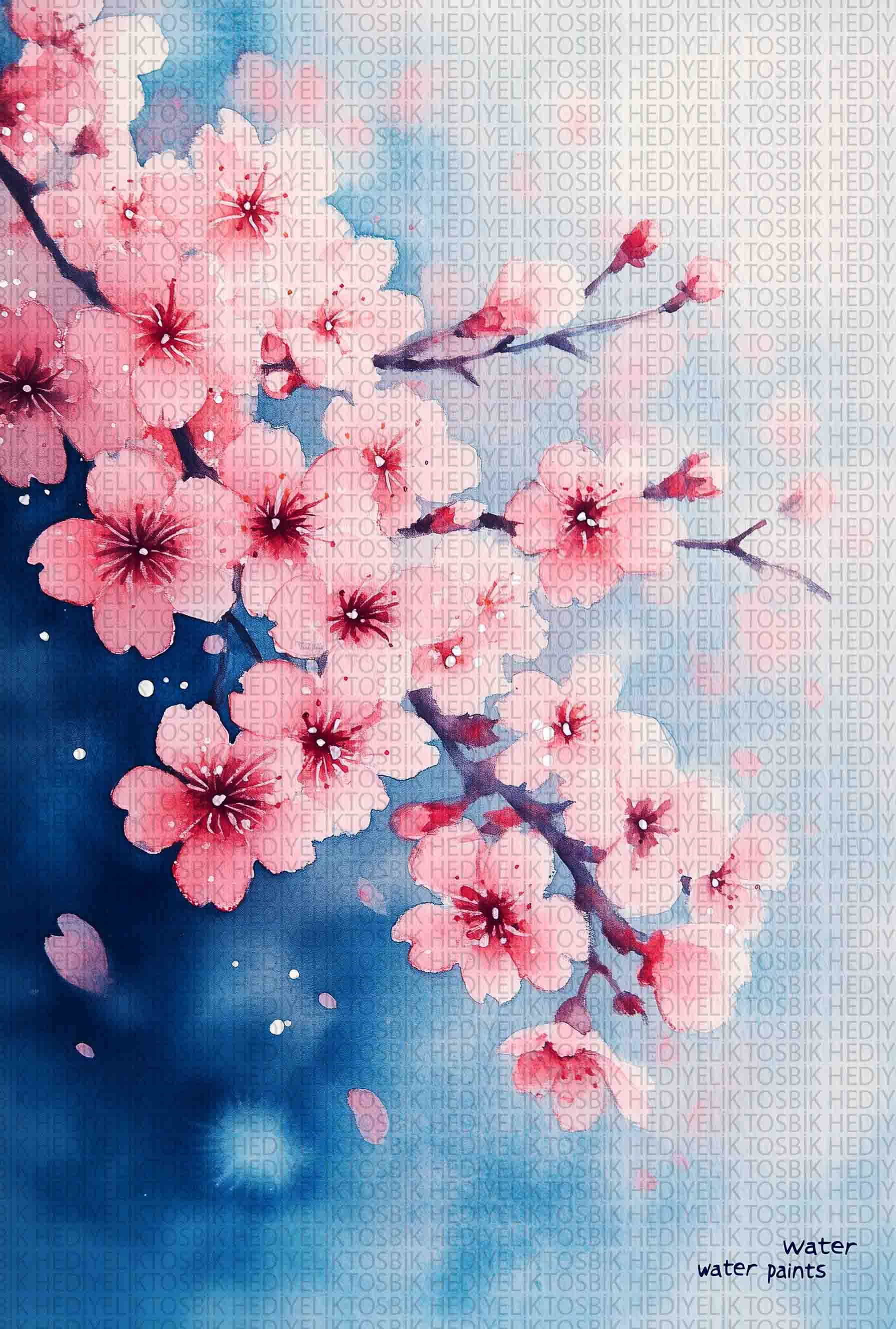 Sakura Çiçekleri – Su Renkleri Stilinde Ahşap Poster