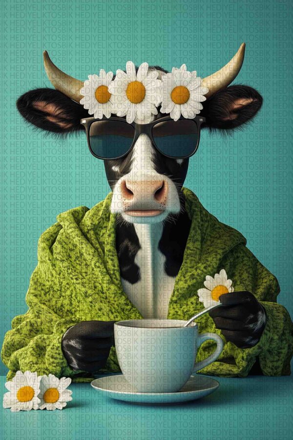 Cool Moo – Çiçekli İnek Ahşap Poster