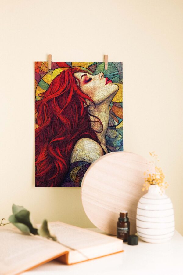 Crimson Muse – Renkli Mozaik Tarzı Ahşap Poster