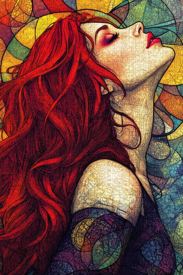 Crimson Muse – Renkli Mozaik Tarzı Ahşap Poster