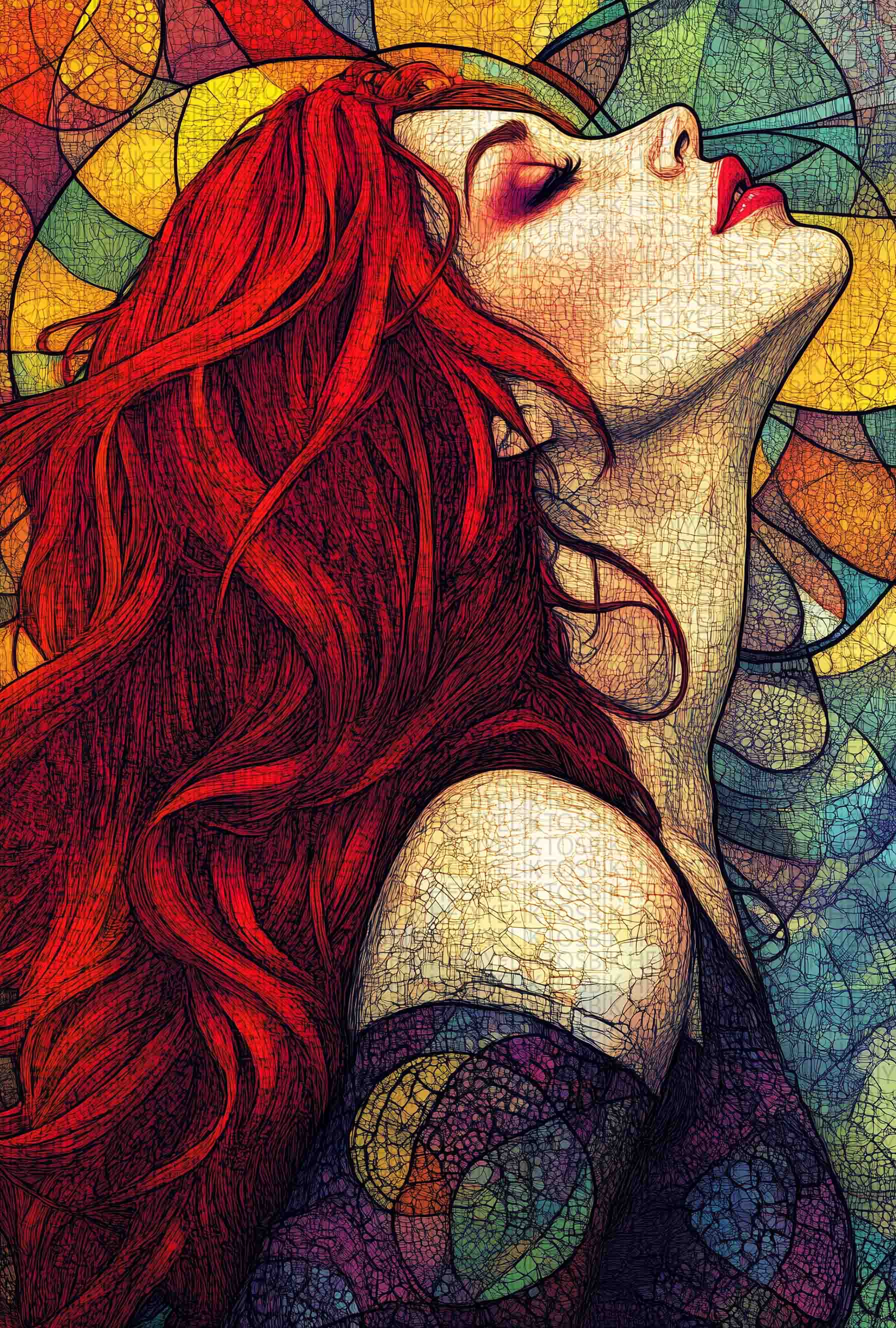Crimson Muse – Renkli Mozaik Tarzı Ahşap Poster