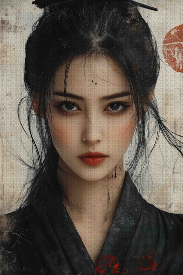 Crimson Geisha – Doğu Esintili Dekoratif Ahşap Poster