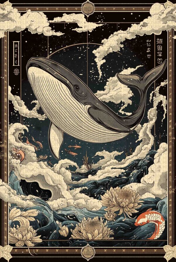 Celestial Whale – Japon Esintili Dekoratif Ahşap Poster