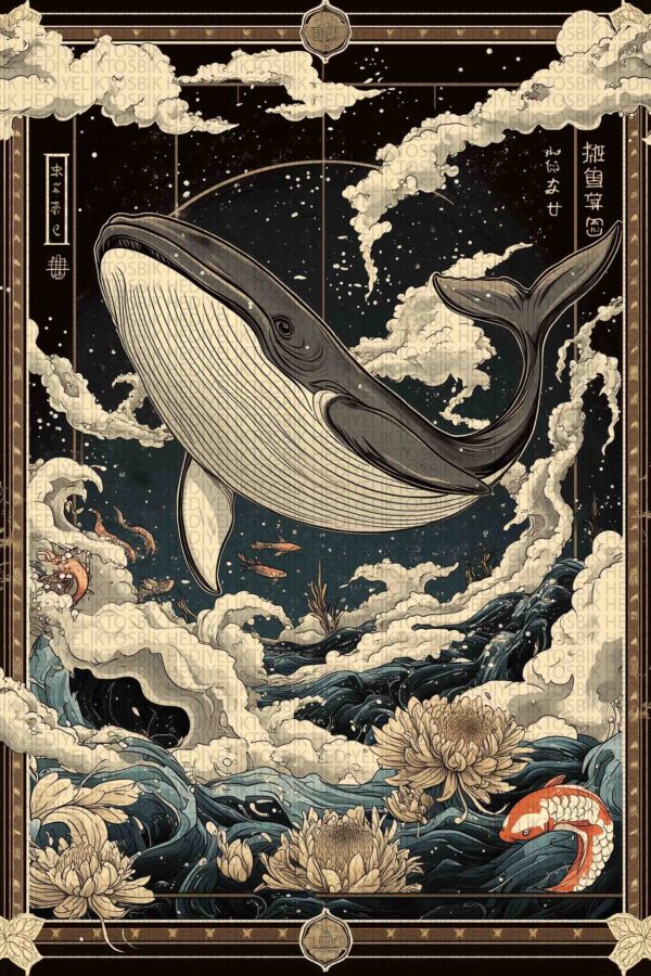 Celestial Whale – Japon Esintili Dekoratif Ahşap Poster