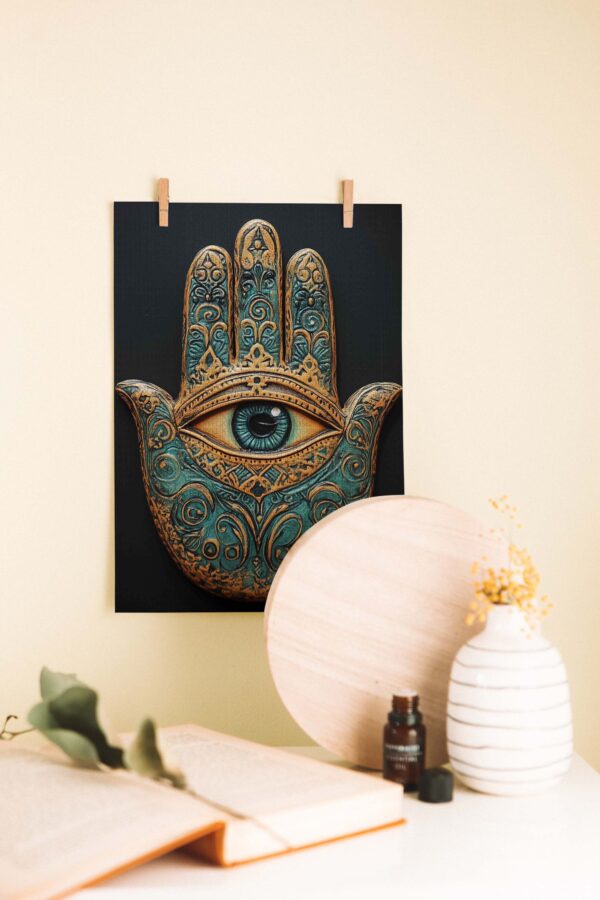 Mystic Hamsa – Spiritüel Dekoratif Ahşap Poster