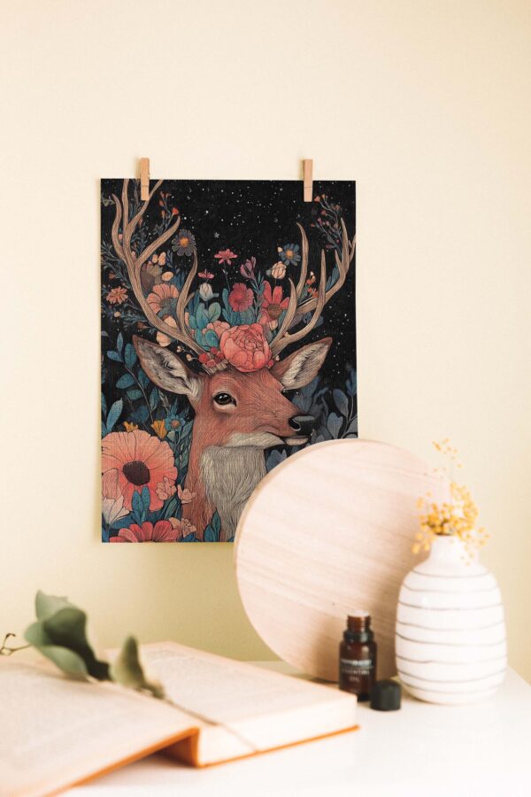 Floral Stag – Bohem Tarzı Dekoratif Ahşap Poster