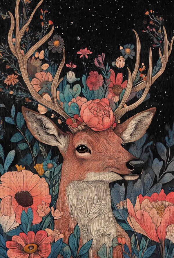 Floral Stag – Bohem Tarzı Dekoratif Ahşap Poster