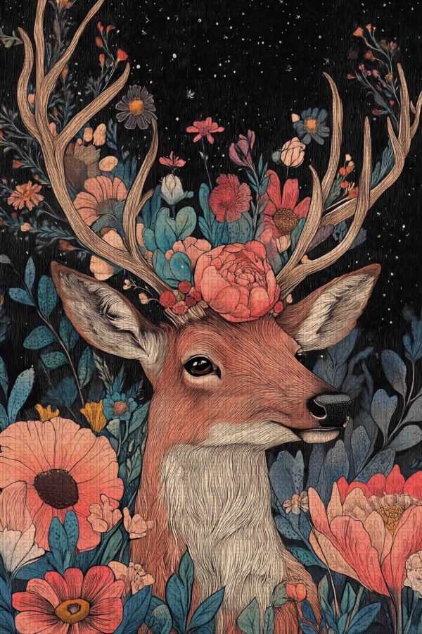 Floral Stag – Bohem Tarzı Dekoratif Ahşap Poster