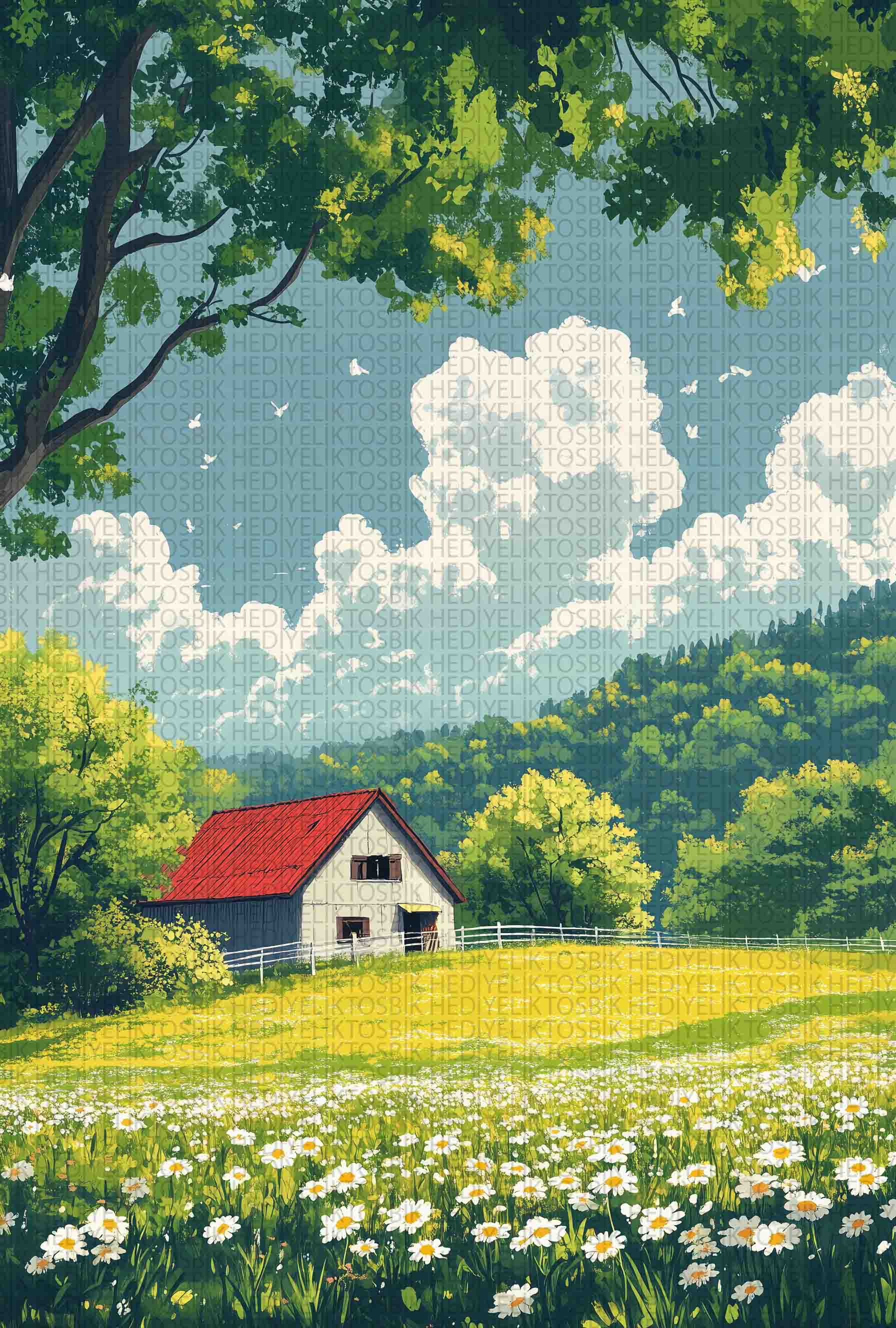 Meadow Bliss – Pastoral Manzara Ahşap Poster