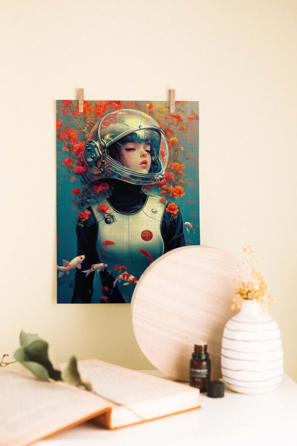 Kozmik Bahçe – Astronot ve Çiçekler Temalı Ahşap Poster