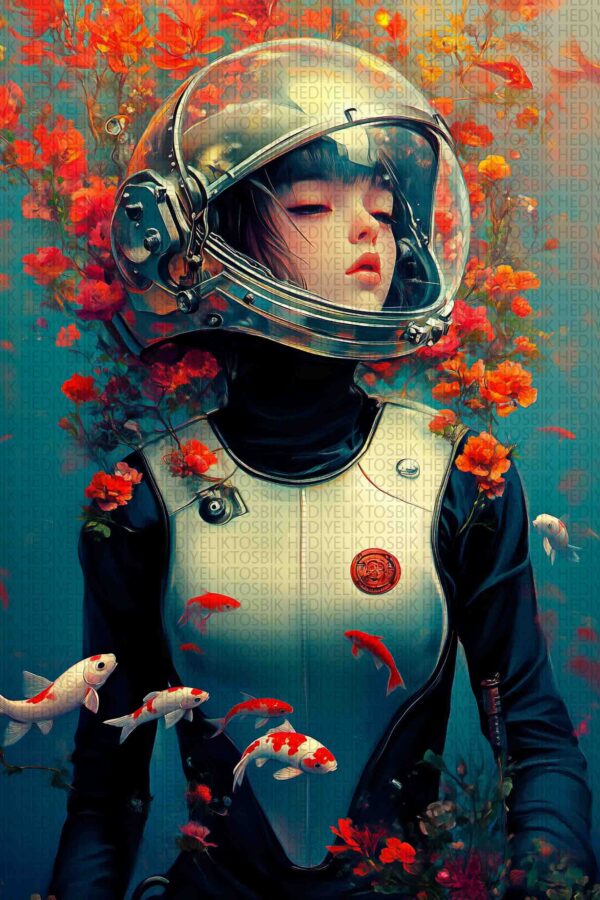Kozmik Bahçe – Astronot ve Çiçekler Temalı Ahşap Poster