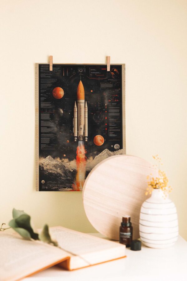 Keşif Ruhu – Retro Roket Ahşap Poster
